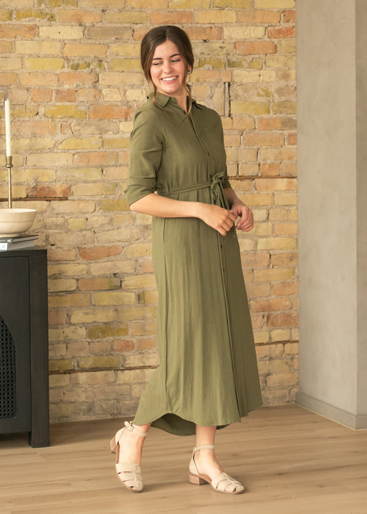 Essential Olive Long Sleeve Linen Shirt Dress - FINAL SALE