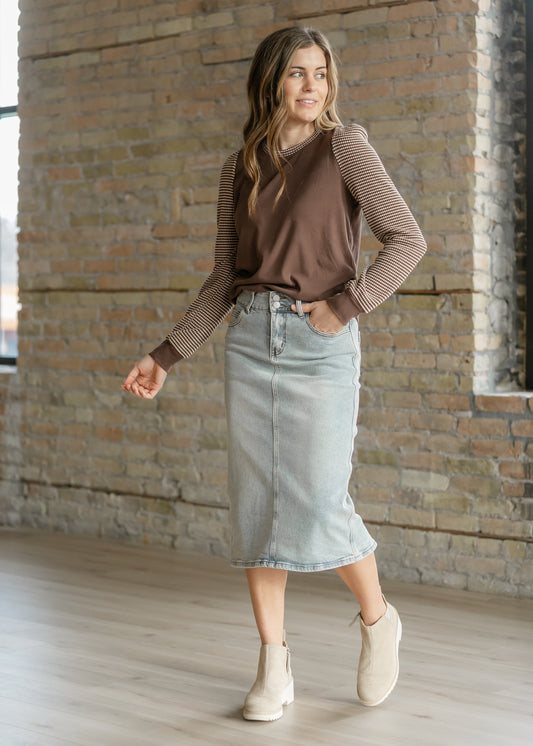 Greta Light Wash Midi Denim Skirt - FINAL SALE