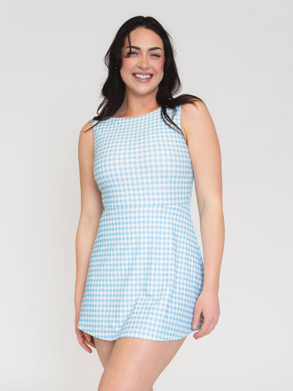 Sky Gingham Boat-Neck Swim Dress
