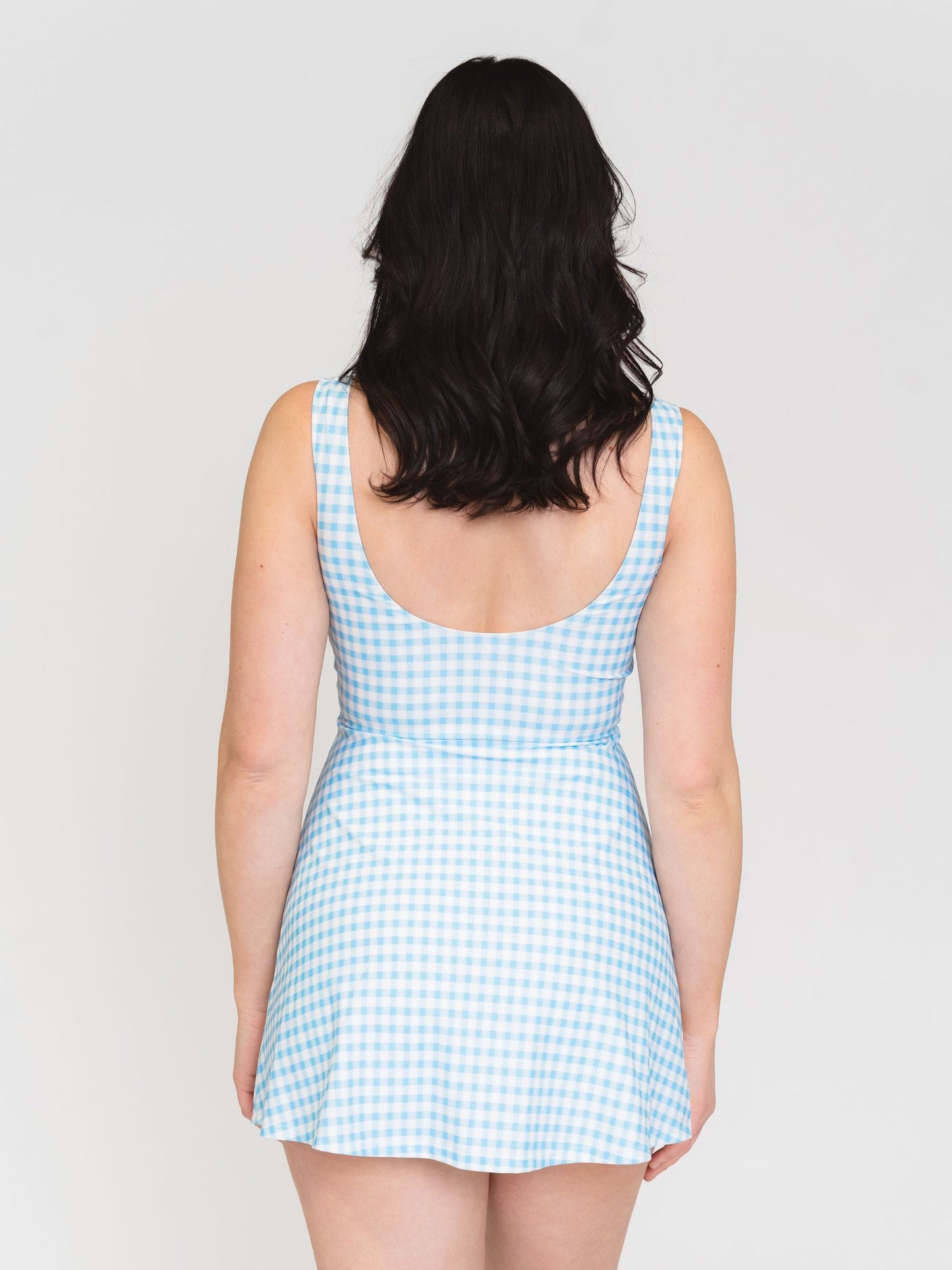 Sky Gingham Boat-Neck Swim Dress