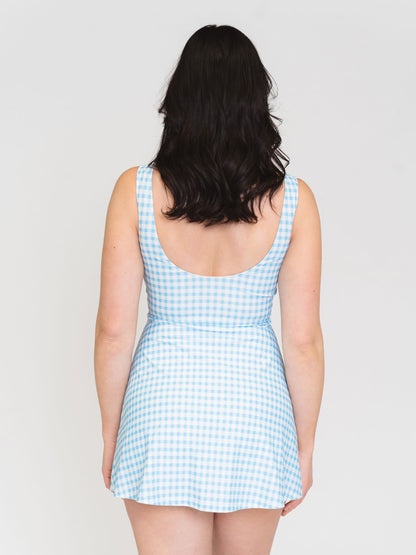 Sky Gingham Boat-Neck Swim Dress