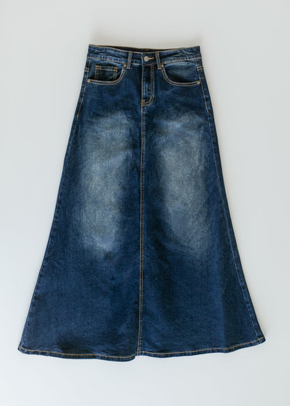 Bethany Dark Wash A-line Long Denim Skirt - FINAL SALE