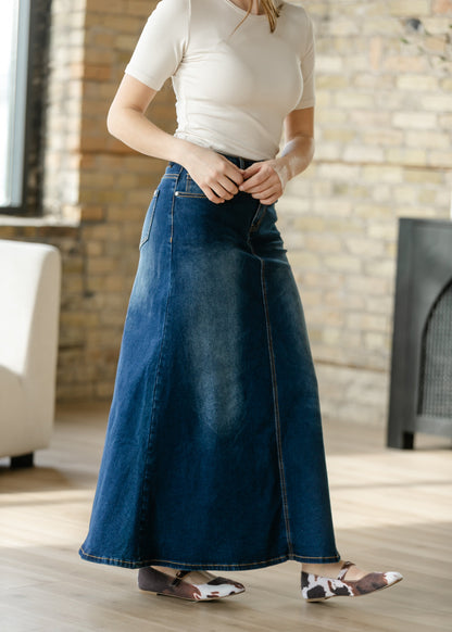 Bethany Dark Wash A-line Long Denim Skirt - FINAL SALE