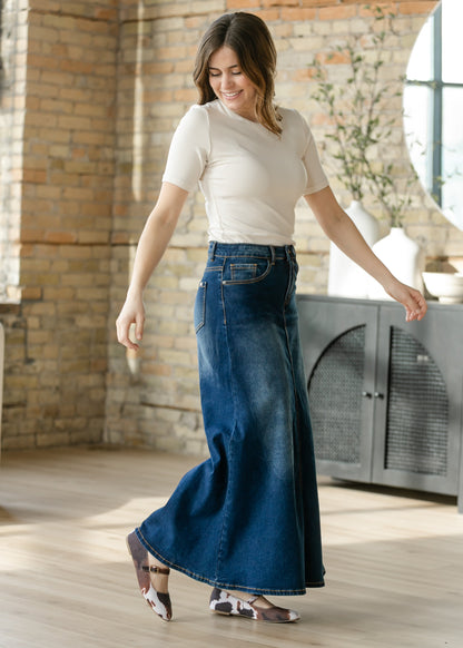 Bethany Dark Wash A-line Long Denim Skirt - FINAL SALE
