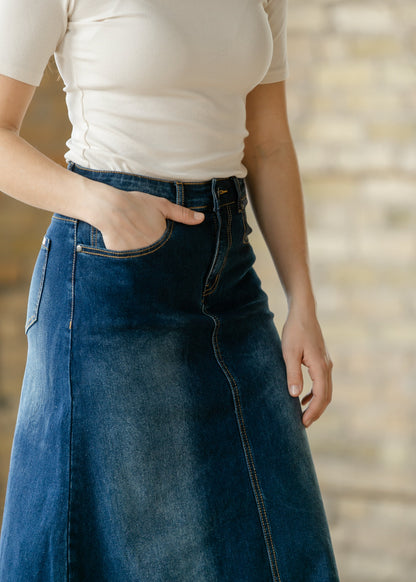 Bethany Dark Wash A-line Long Denim Skirt - FINAL SALE