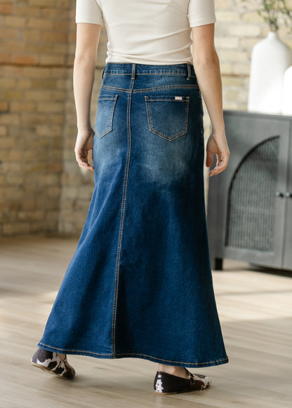 Bethany Dark Wash A-line Long Denim Skirt - FINAL SALE