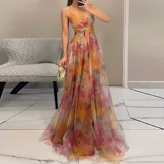 Elegant Pleated Mesh Evening Dress
