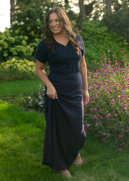 Ella Navy Cinched Waist Maxi Dress