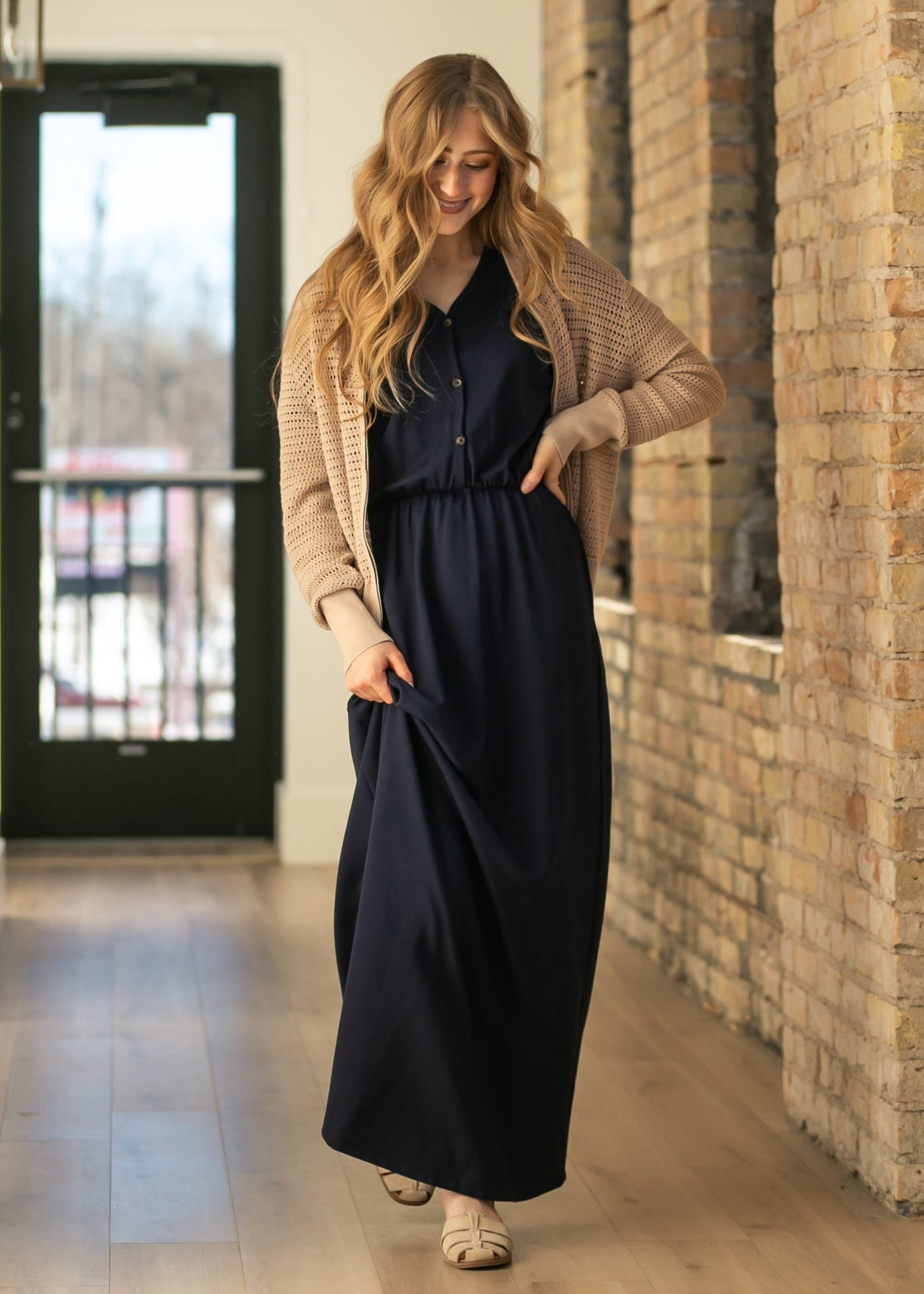 Ella Navy Cinched Waist Maxi Dress