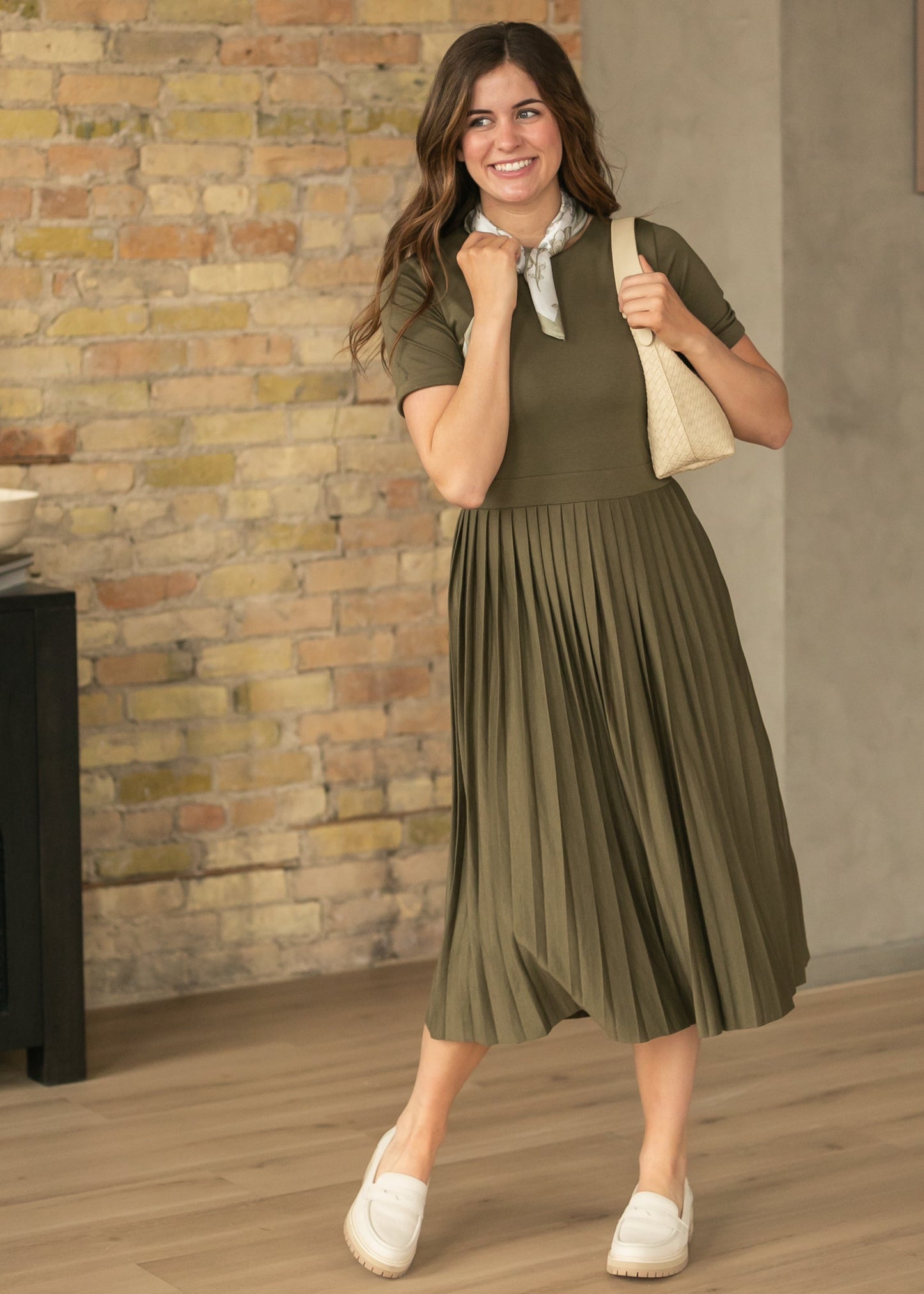 Emersyn Olive Pleated Midi Dress - FINAL SALE