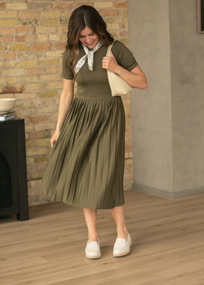 Emersyn Olive Pleated Midi Dress - FINAL SALE