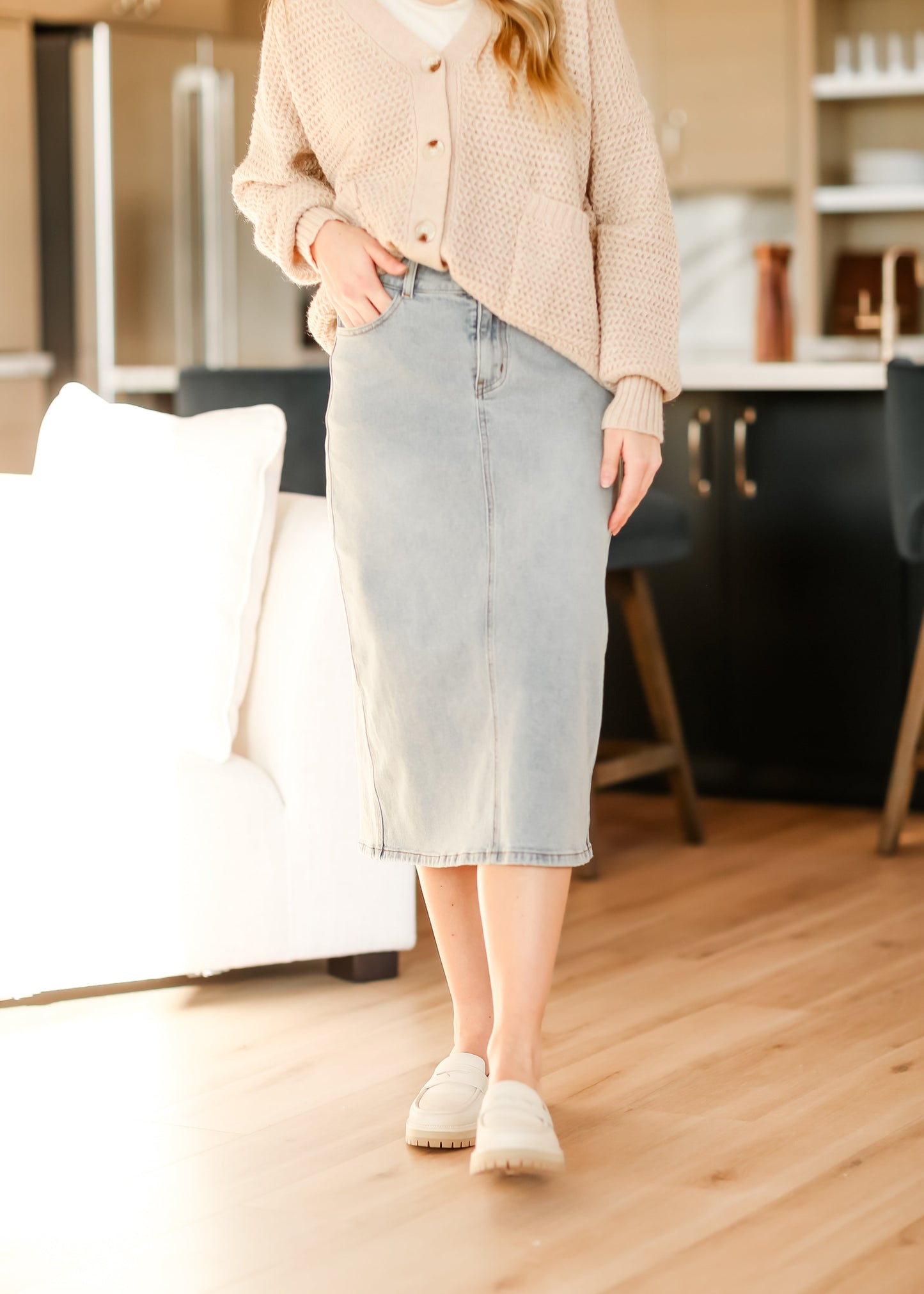 Greta Light Wash Midi Denim Skirt - FINAL SALE