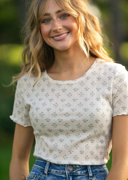 Larza Blue Floral Lettuce Hem Top - FINAL SALE