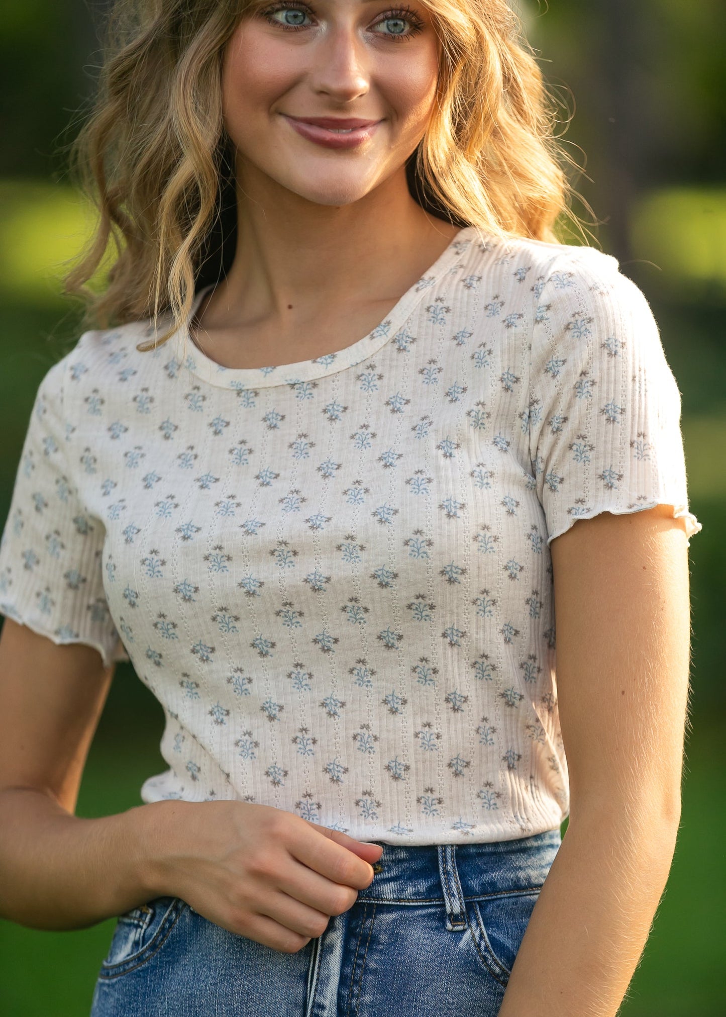 Larza Blue Floral Lettuce Hem Top - FINAL SALE