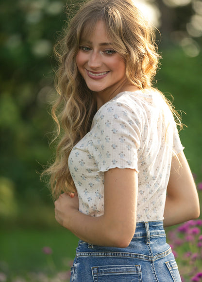 Larza Blue Floral Lettuce Hem Top - FINAL SALE