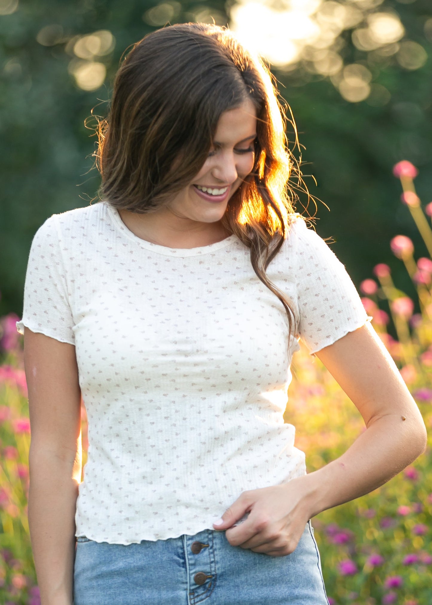 Larza Taupe Floral Lettuce Hem Top - FINAL SALE