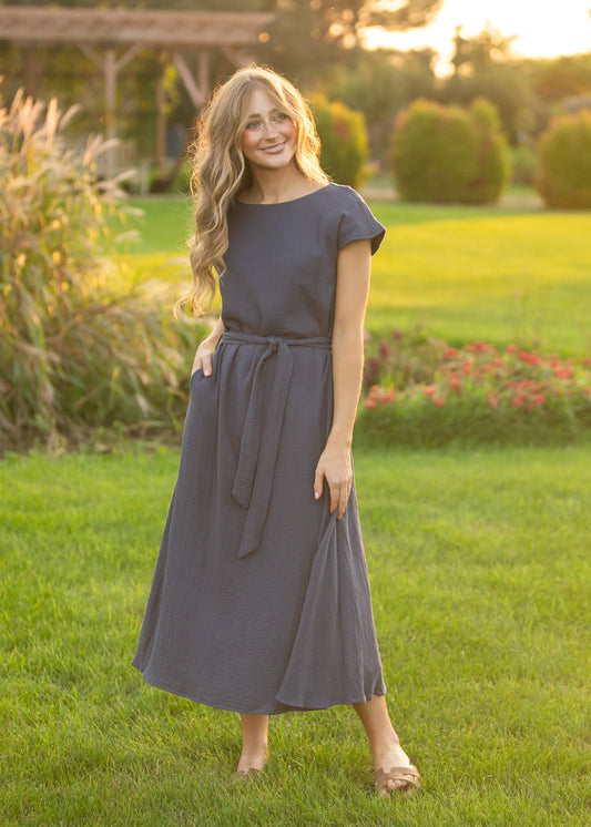 Lily Navy Gauze Belted Midi Dress